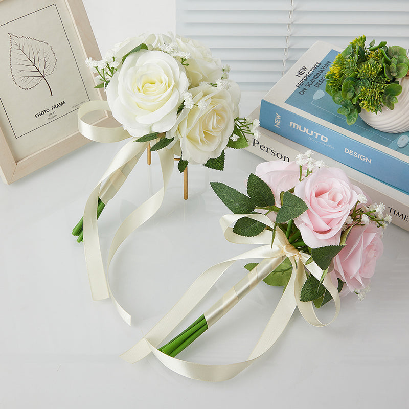 Bouquet with 6 Rose and Baby's Breath Blooms, Silk-Like Fabric, 11 Inches, Perfect for Weddings and Events