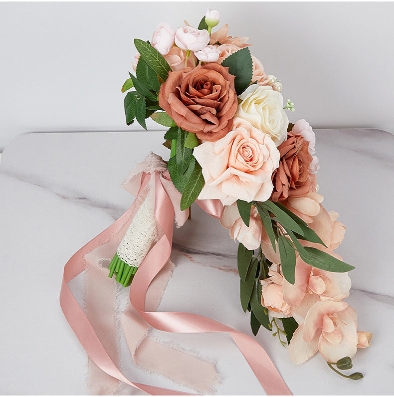 Bulk 9" Bridal Bouquet Roses Silk Wedding Flower Cascading Adjustable Ribbon Waterproof for Outdoor Ceremonies Photo Shoots Wholesale