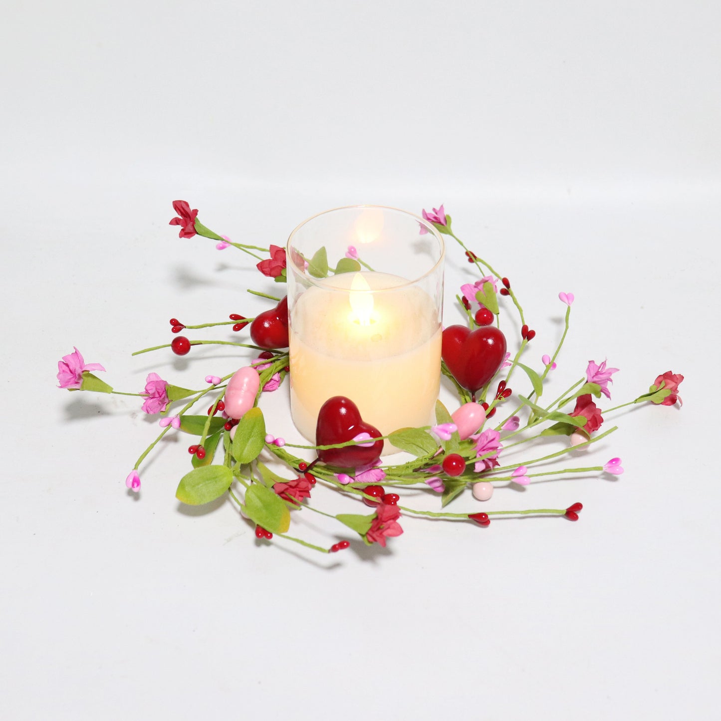 Valentine's Day Candle Ring - 4 Inch Pink Red Heart & Berry | Table Centerpiece Decor
