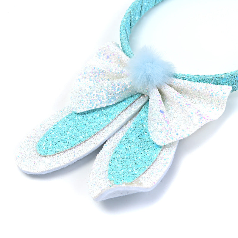 Kids Easter Bunny Ears Headband - Cartoon Bow Glitter Pom-pom Hair Hoop