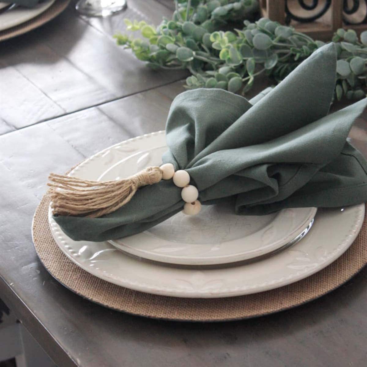 Premium Wooden Napkin Rings 12 Pack Elastic Wood Bead Tassel Design for Weddings Holiday Tablescapes & Reusable Dinner Party Decor