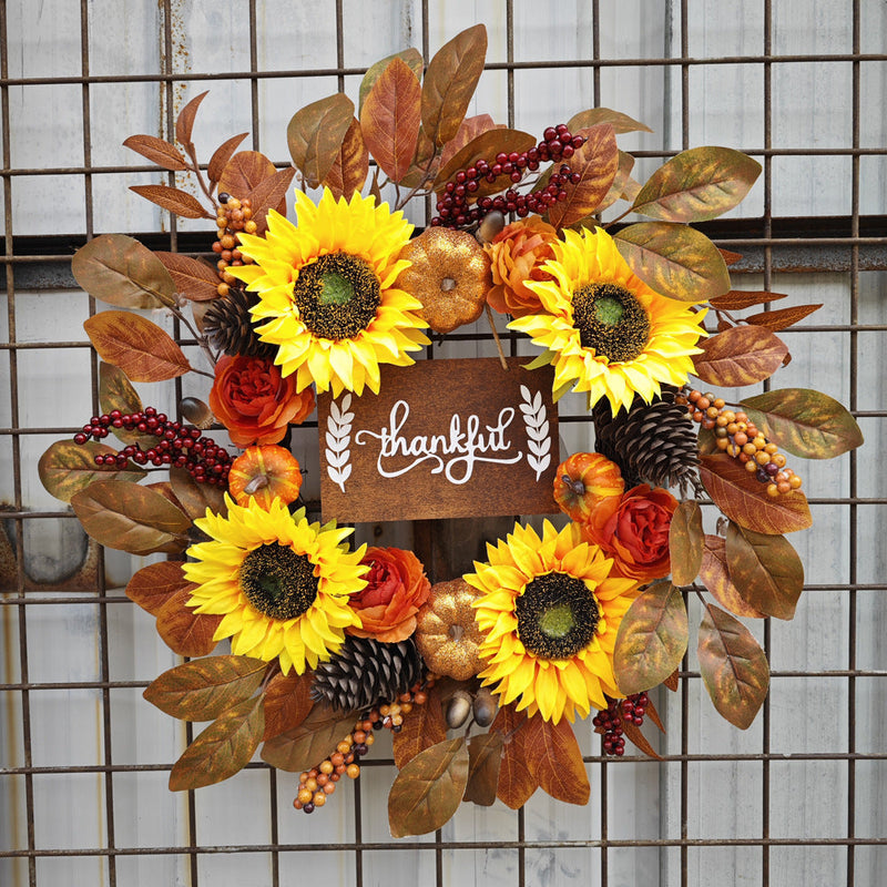 Sunflower Pumpkin Leaf Wreath with Sign 18 Inch Artificial Flower Front Door Farmhouse Decor Bulk