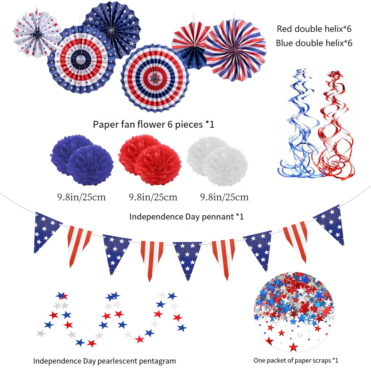 Bulk Independence Day Party Decorations Kit with Red White Blue Hanging Paper Fans Hanging Swirls Flag Pennant Foil Fringe Pom Poms for Holiday Party Supplies Decor Wholesale