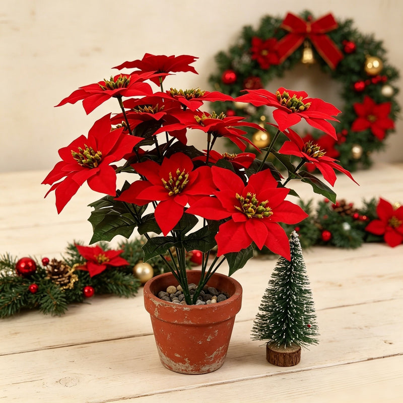 15" Artificial Poinsettia Bush with 5 Blooms, PVC & Silk-Like Fabric, Indoor Holiday Decor for Christmas, Weddings, Events