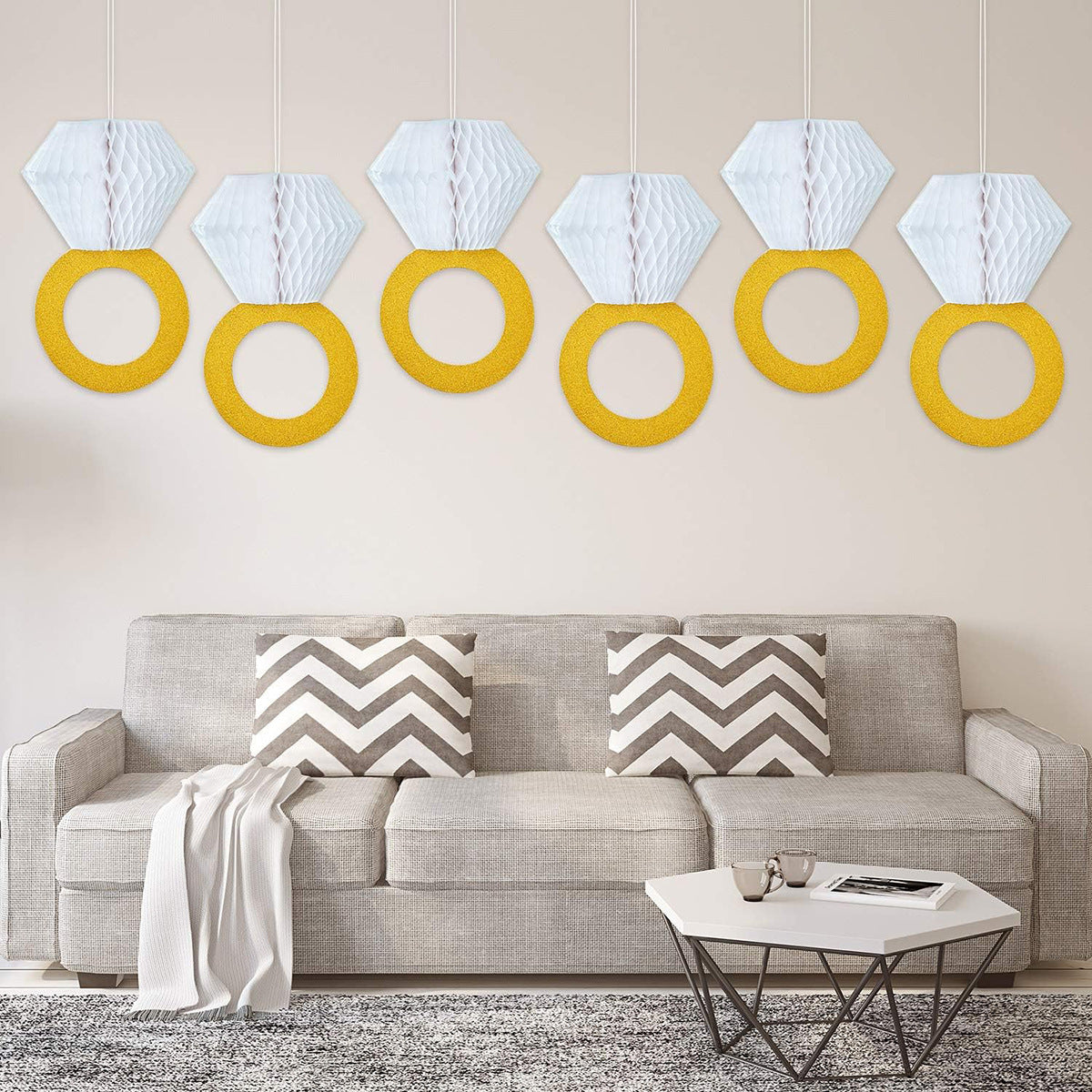 Bachelorette Party Diamond Ring Honeycomb Decor - 11in Bride-to-Be Hanging Decoration (2-Pack)