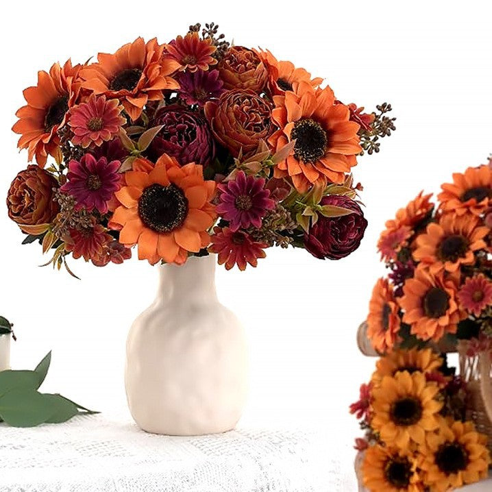 13" Artificial Peony & Sunflower Bush with 8 Blooms, Realistic Faux Flowers for Home Decor, Wedding & Events