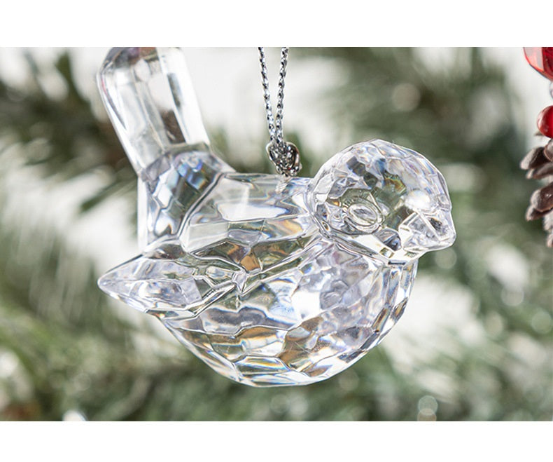 Acrylic Transparent Bird Christmas Ornaments with Pine Cones and Pine Needles, Hanging Decorations for Xmas Tree, Bulk Set