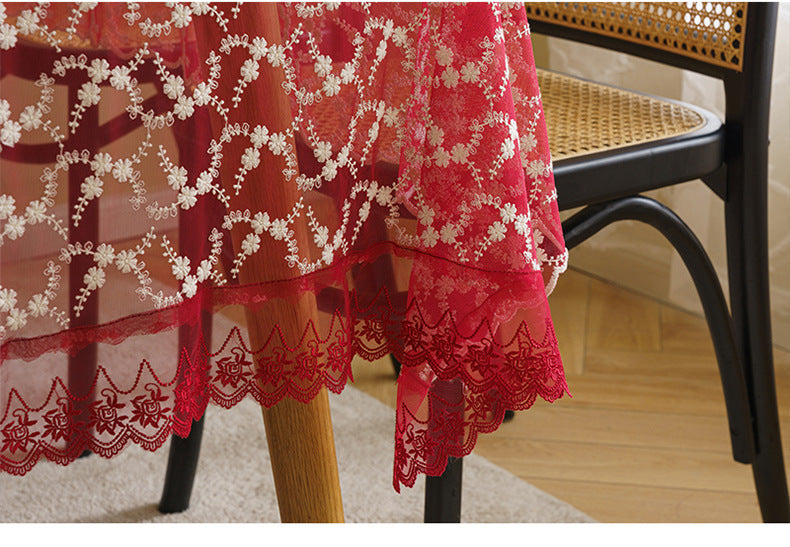Bulk Red Lace Tablecloth Embroidered Floral Table Cover for Party Home Decor Wholesale