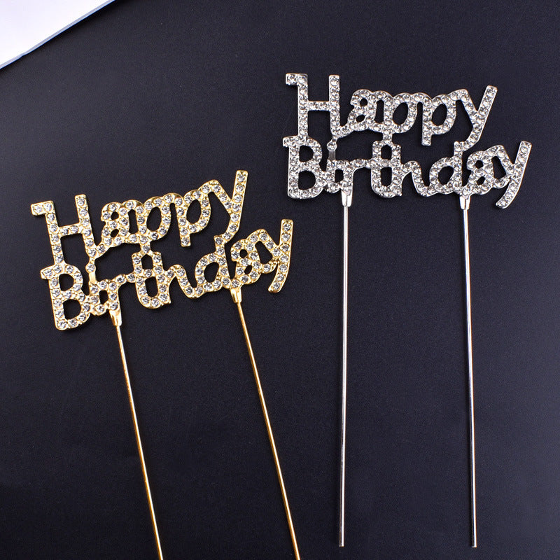 Happy Birthday Rhinestone Metal Cake Topper - 2 Pack | Goddess Party Baking Decoration