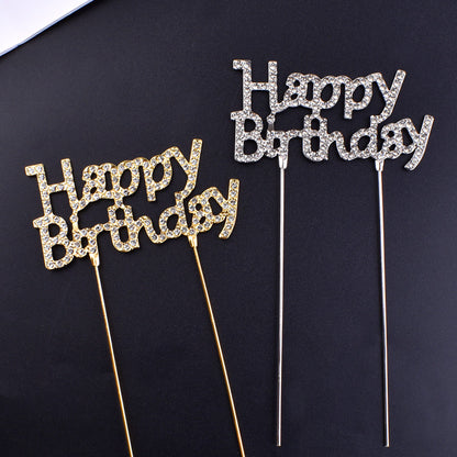 Happy Birthday Rhinestone Metal Cake Topper - 2 Pack | Goddess Party Baking Decoration