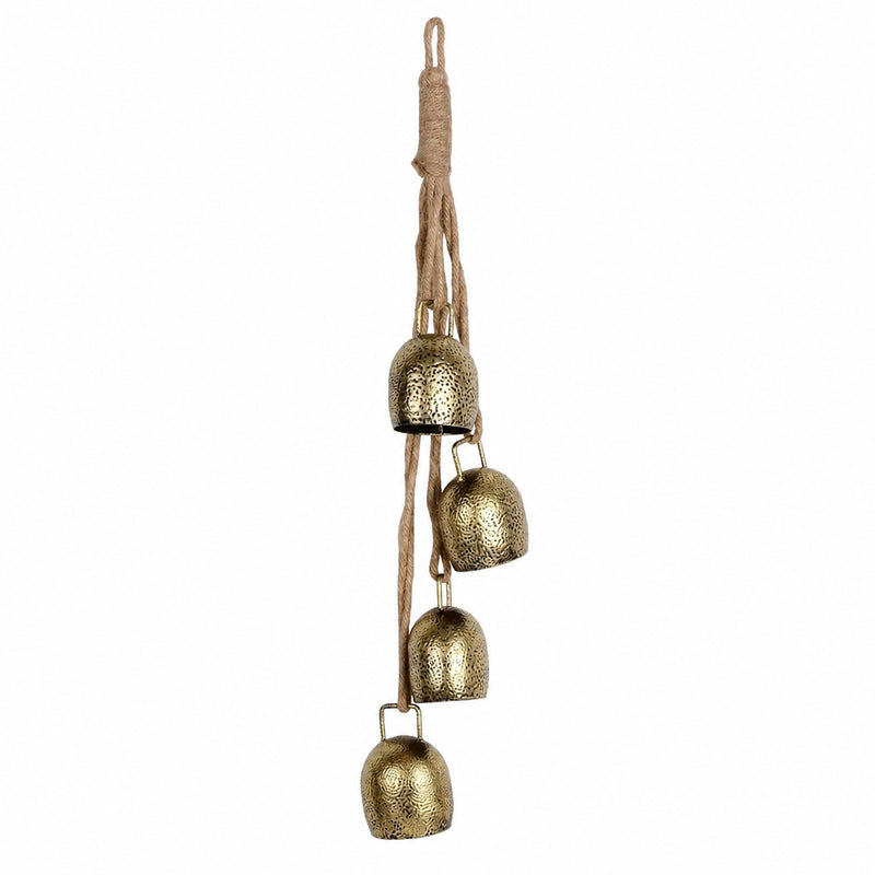 Vintage Gold Metal Christmas Bell Garland, 4 Jingle Bells on Twine, 15" Long, Hanging Holiday Ornament