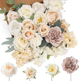 24 Pcs Silk Rose Bouquet Combo Dahlia & Roses Bouquet Kit with Adjustable Stems Hyper-Realistic Floral Arrangements for Wedding Arches Bridal DIY Baby Shower Centerpieces & Moody Home Decor UV Fade Resistant Wholesale