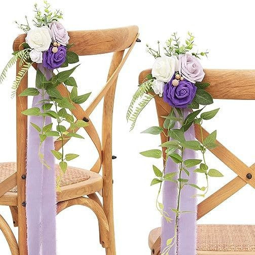 Bulk Artificial Chair Decor Roses White Wedding Aisle Chair Decor Flowers Elegant Church Chair Decorations with Eucalyptus Ribbons for Weddings Events Wholesale