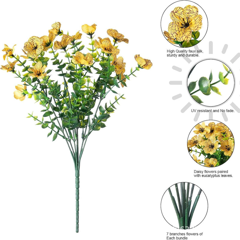 Artificial Violet Bush, 7-Branch 21-Bloom Faux Flowers with Eucalyptus, Rustic Home & Wedding Decor