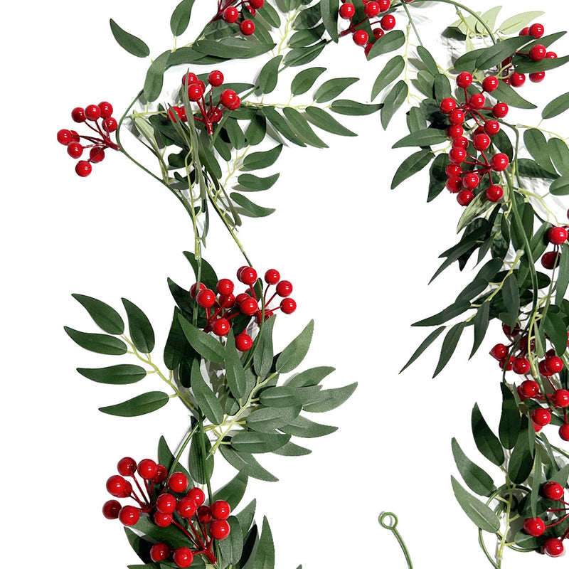 Artificial Willow Leaf Vine with Red Berries, Set of 2 Garlands, Christmas Door Hanging Decor, Home & Display