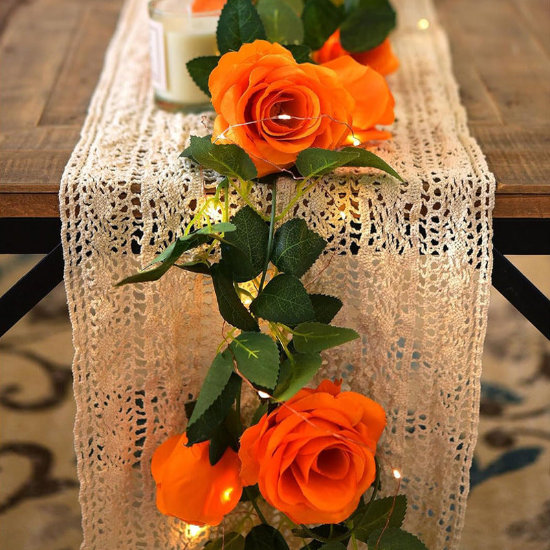 Orange Rose Garland Vine, Faux Silk Fabric Artificial Rose Vine, Set of 2 Trailing Strands, Halloween, Fall Table & Wedding Decor