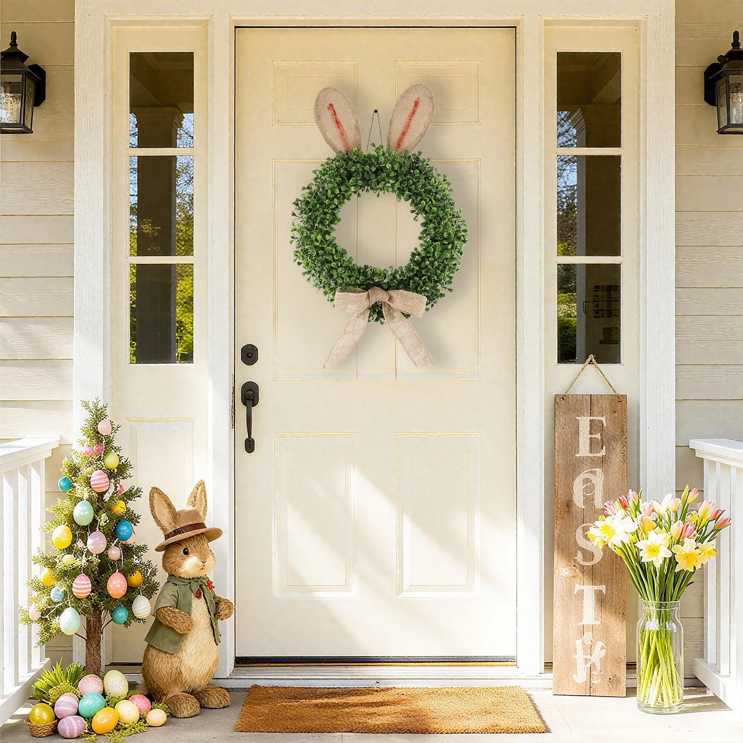 24 " Easter Bunny Wreath - Artificial Greenery Front Door Decor | Spring Summer Home Accent