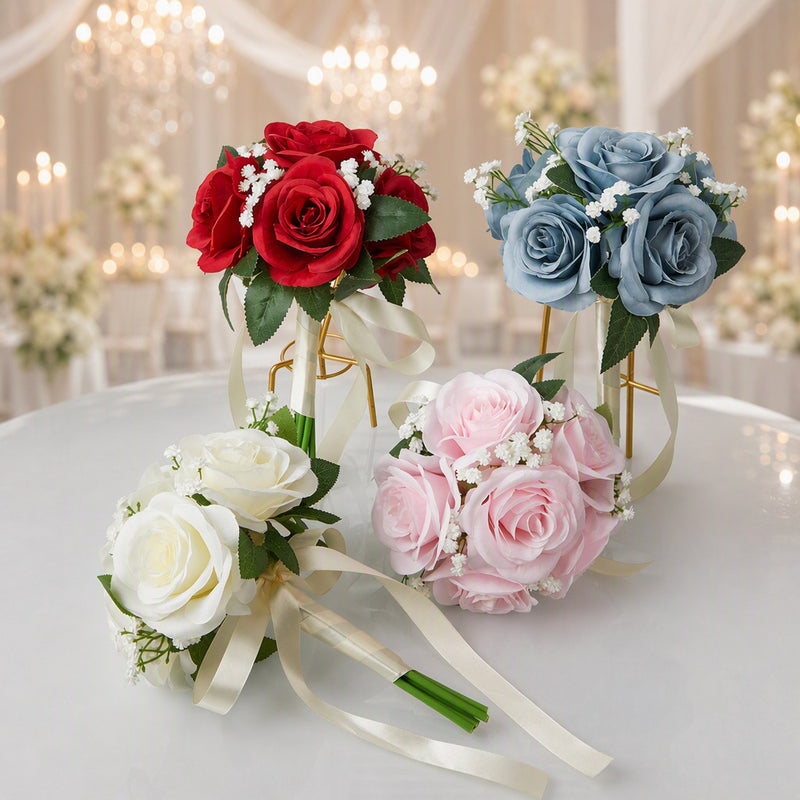 Bouquet with 6 Rose and Baby's Breath Blooms, Silk-Like Fabric, 11 Inches, Perfect for Weddings and Events