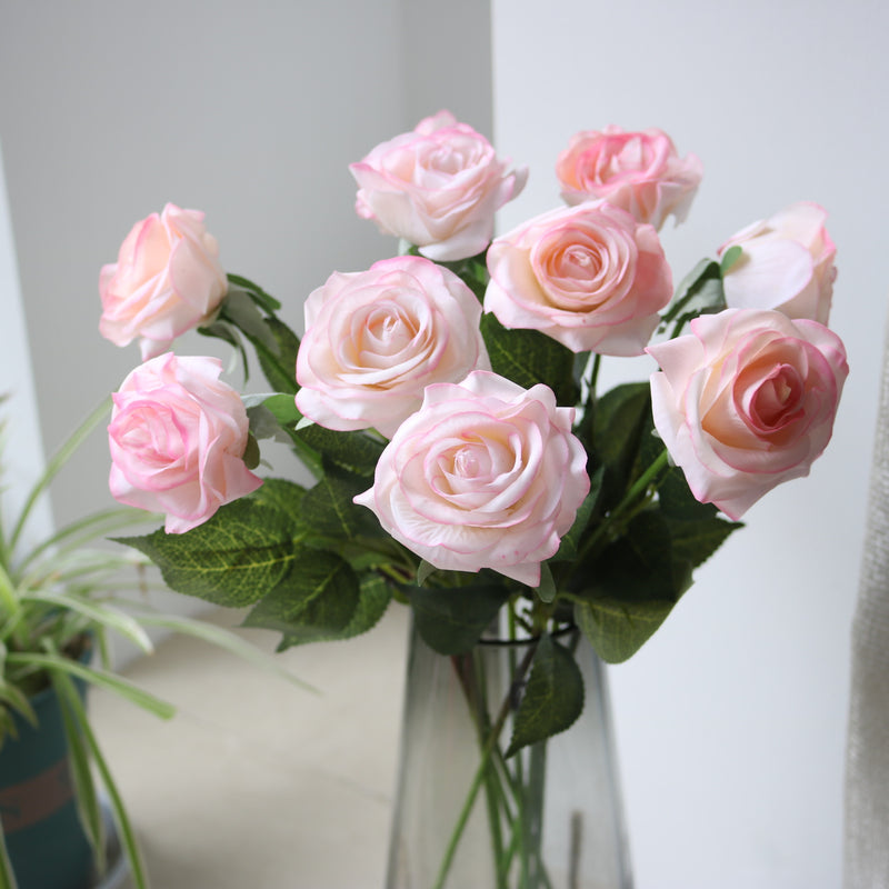 Realistic Silk Rose Bouquet, Set of 10 Stems with 6.5" Blooms, 17" Tall, Wedding & Home Decor, Floral Arrangements