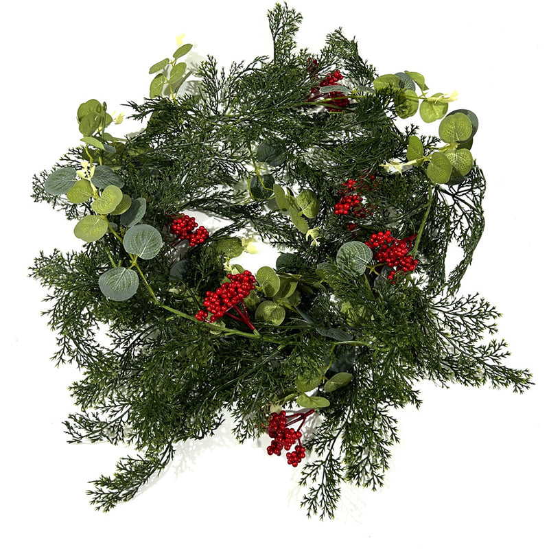 Artificial Christmas Garland Vine with Red Berries & Pine Needles, Plastic Hanging Greenery, Indoor Holiday Decor