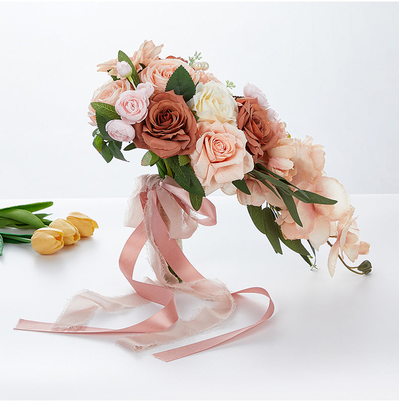 Bulk 9" Bridal Bouquet Roses Silk Wedding Flower Cascading Adjustable Ribbon Waterproof for Outdoor Ceremonies Photo Shoots Wholesale