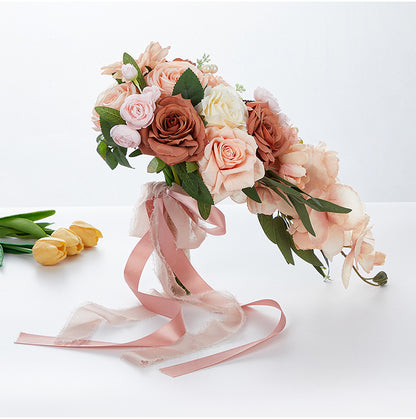 Bulk 9" Bridal Bouquet Roses Silk Wedding Flower Cascading Adjustable Ribbon Waterproof for Outdoor Ceremonies Photo Shoots Wholesale