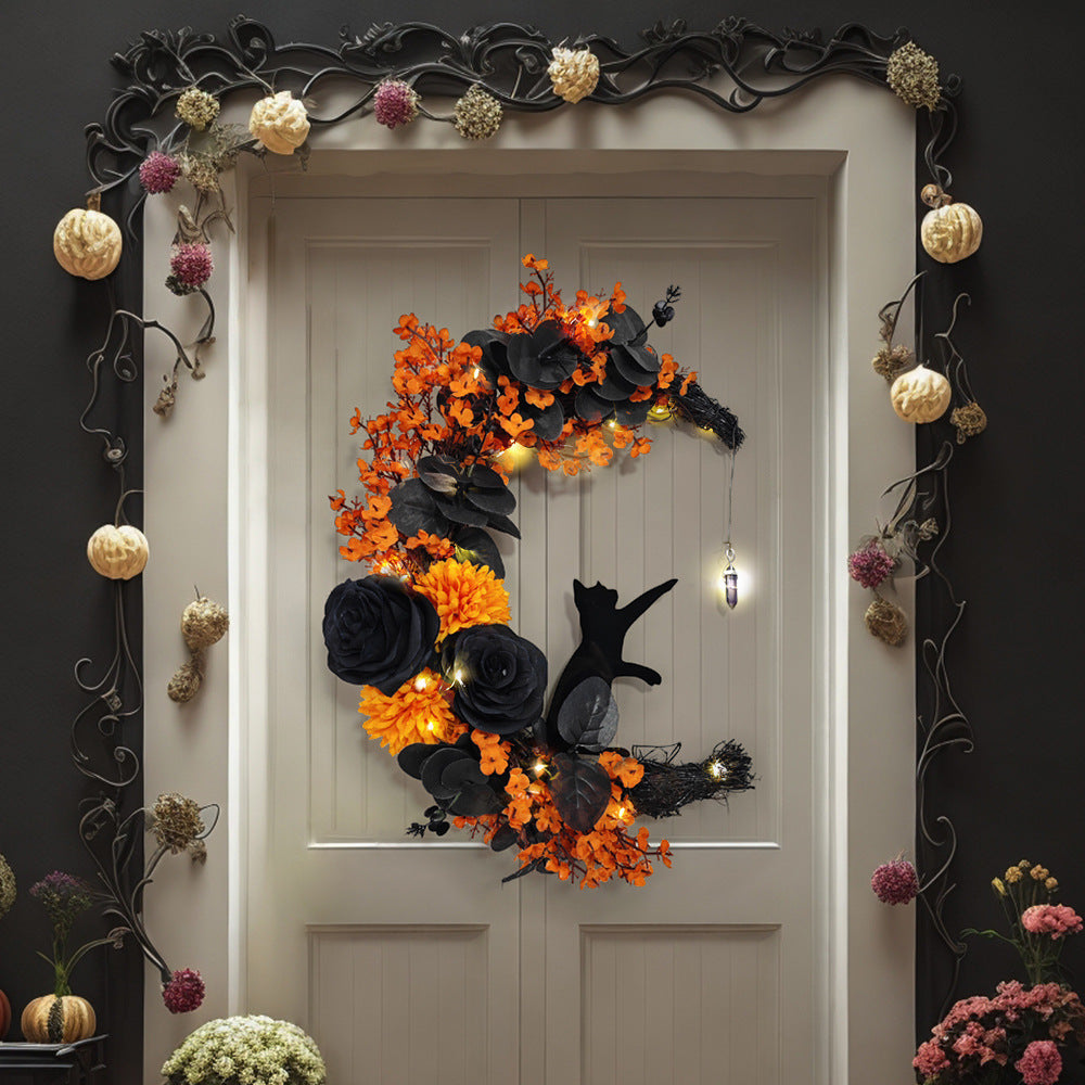 14 Inch Moon Cat Halloween Glowing Artificial Flower Rattan Wreath for Front Door, Bulk Wholesale