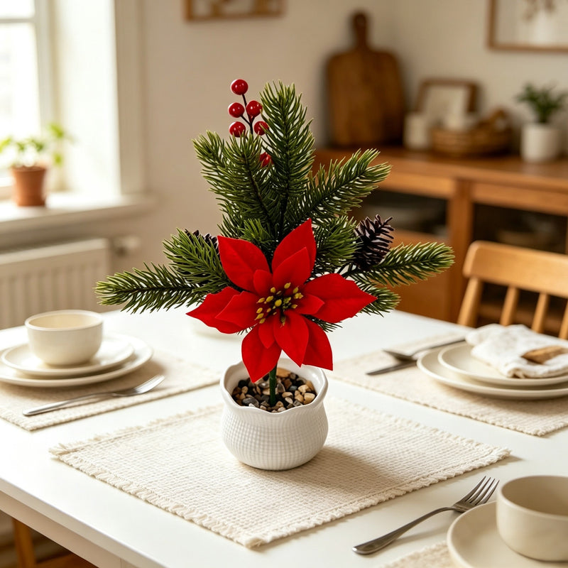 Set of 2 Artificial Poinsettia Bush Picks, 14" Christmas Floral Stems for Holiday Decor, Wedding Centerpieces and Home Styling