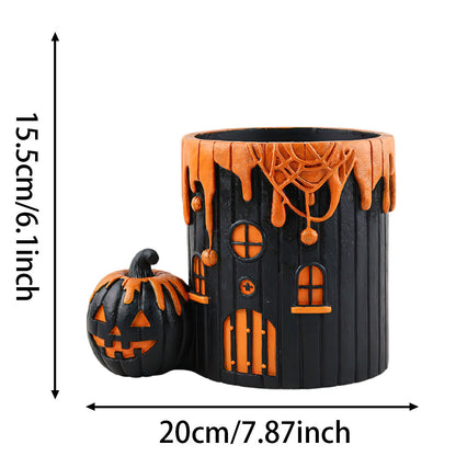 Halloween Pumpkin House Resin Planter - Spooky Cute Decor for Home Desk & Garden