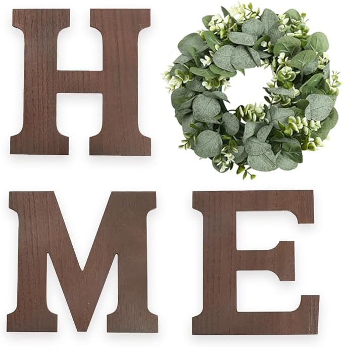 Wooden HOME Letters with Eucalyptus Wreath Farmhouse Christmas Wall Decor for Home