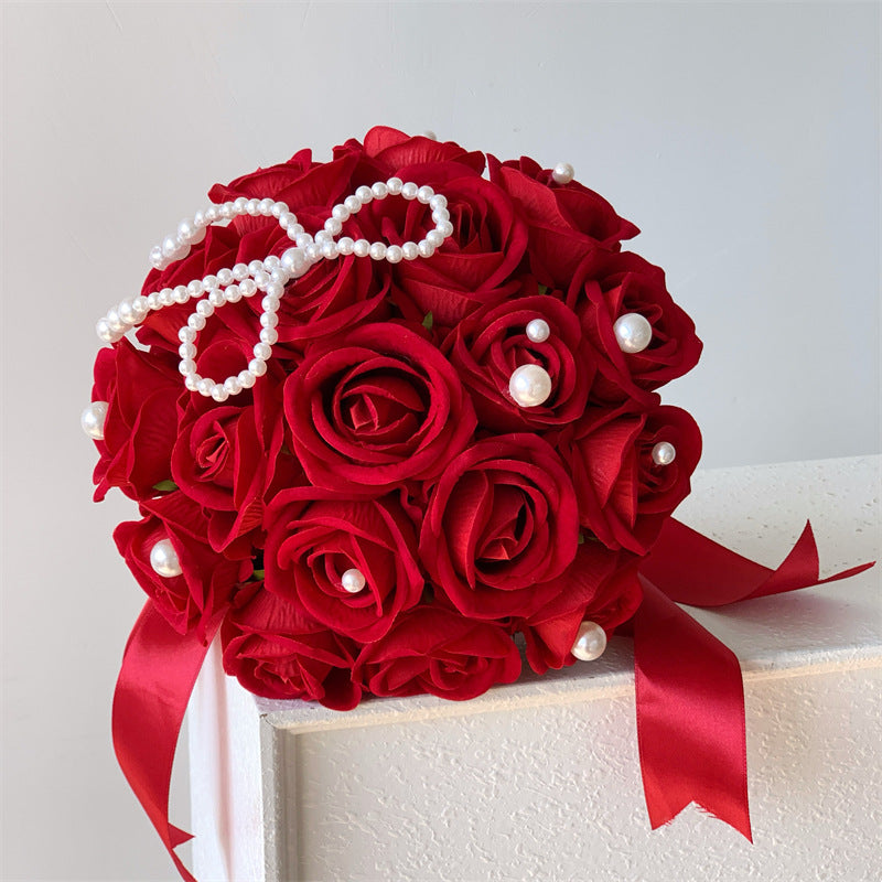 Wedding Bouquet with 18 Silk-Like Roses, 12" Height, Faux Silk Bridal Hand-Tied Bouquet
