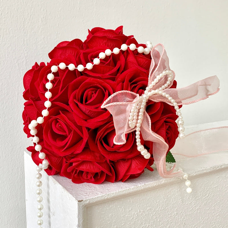 Wedding Bouquet with 18 Silk-Like Roses, 12" Height, Faux Silk Bridal Hand-Tied Bouquet
