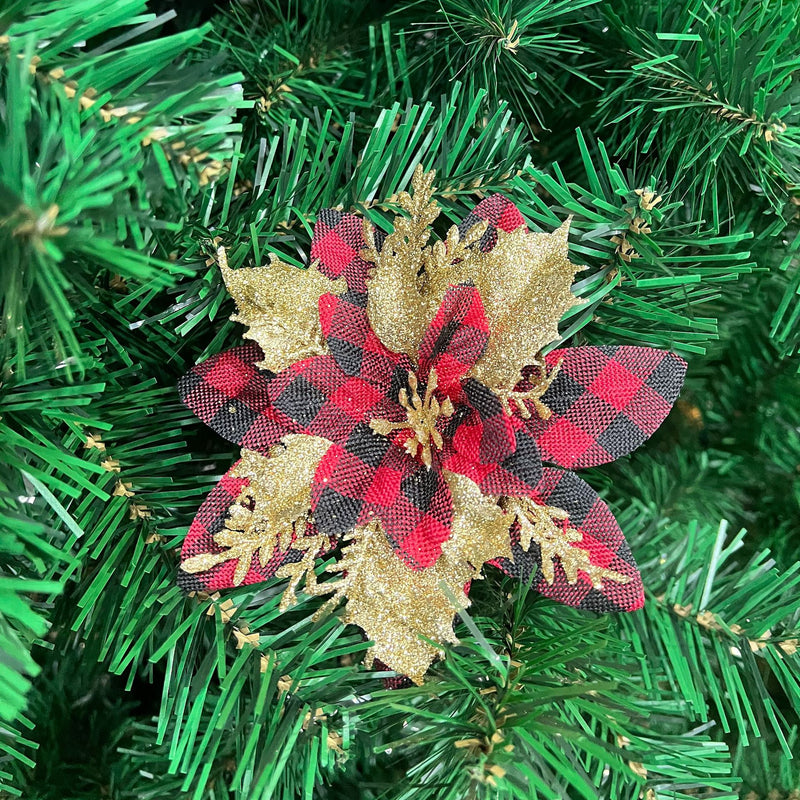 Christmas Poinsettia Flower Heads, 5.5" Red/Silver Loose Floral Picks for Holiday Decor, DIY Wreaths & Centerpieces