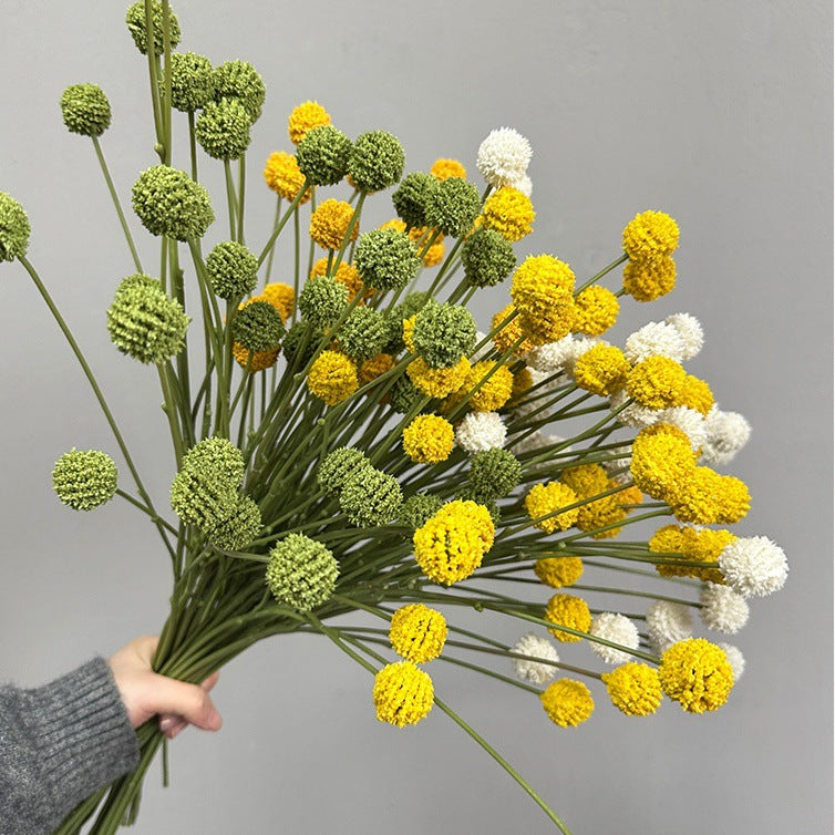 Artificial Craspedia Billy Balls Bush, 4 Yellow Ball Blooms, Plastic, 24" Tall, for Home Decor, Weddings & Window Displays