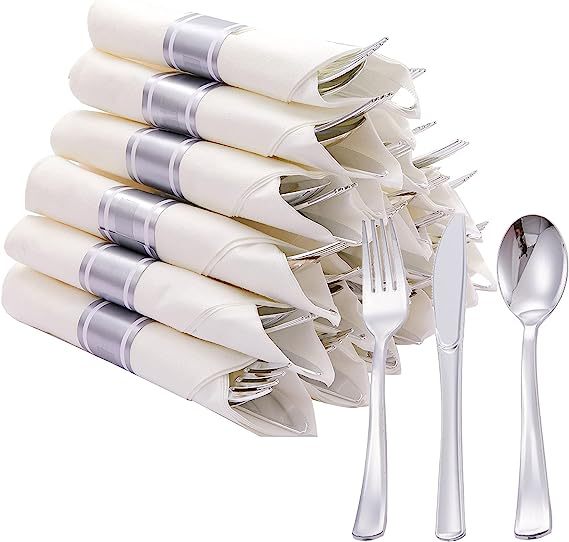 Bulk 10 Packs Pre-Rolled Plastic Disposable Cutlery Set 10 Forks 10 Spoons 10 Knives 10 Napkins Disposable Tableware Wholesale