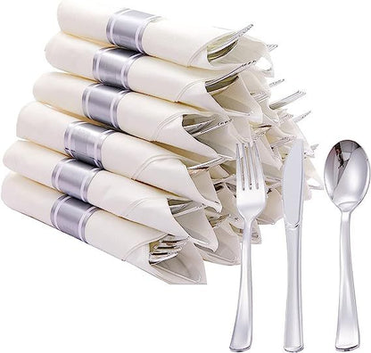 Bulk 10 Packs Pre-Rolled Plastic Disposable Cutlery Set 10 Forks 10 Spoons 10 Knives 10 Napkins Disposable Tableware Wholesale