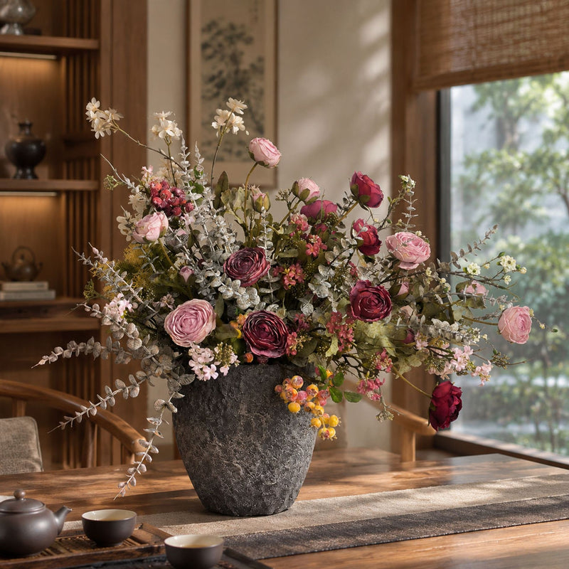 Artificial Ranunculus Bouquet, 5 Flower Heads, Vintage Burnt-Edge Faux Silk Stems, Home & Window Display