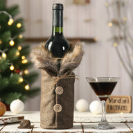 Christmas Plaid Wine Bottle Cover with Faux Fur Collar - Cute Cartoon Holiday Wine Jacket