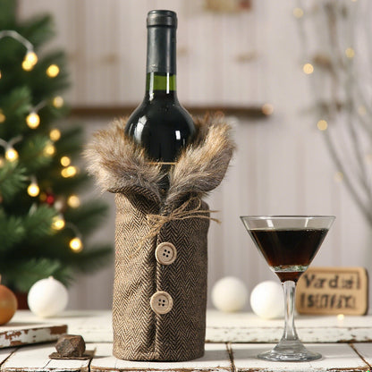 Christmas Plaid Wine Bottle Cover with Faux Fur Collar - Cute Cartoon Holiday Wine Jacket