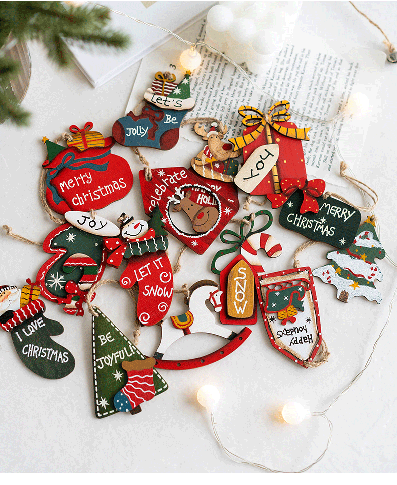 14 PCS Wooden Christmas Tree Hanging Ornaments with String, Bulk Holiday Party Decor