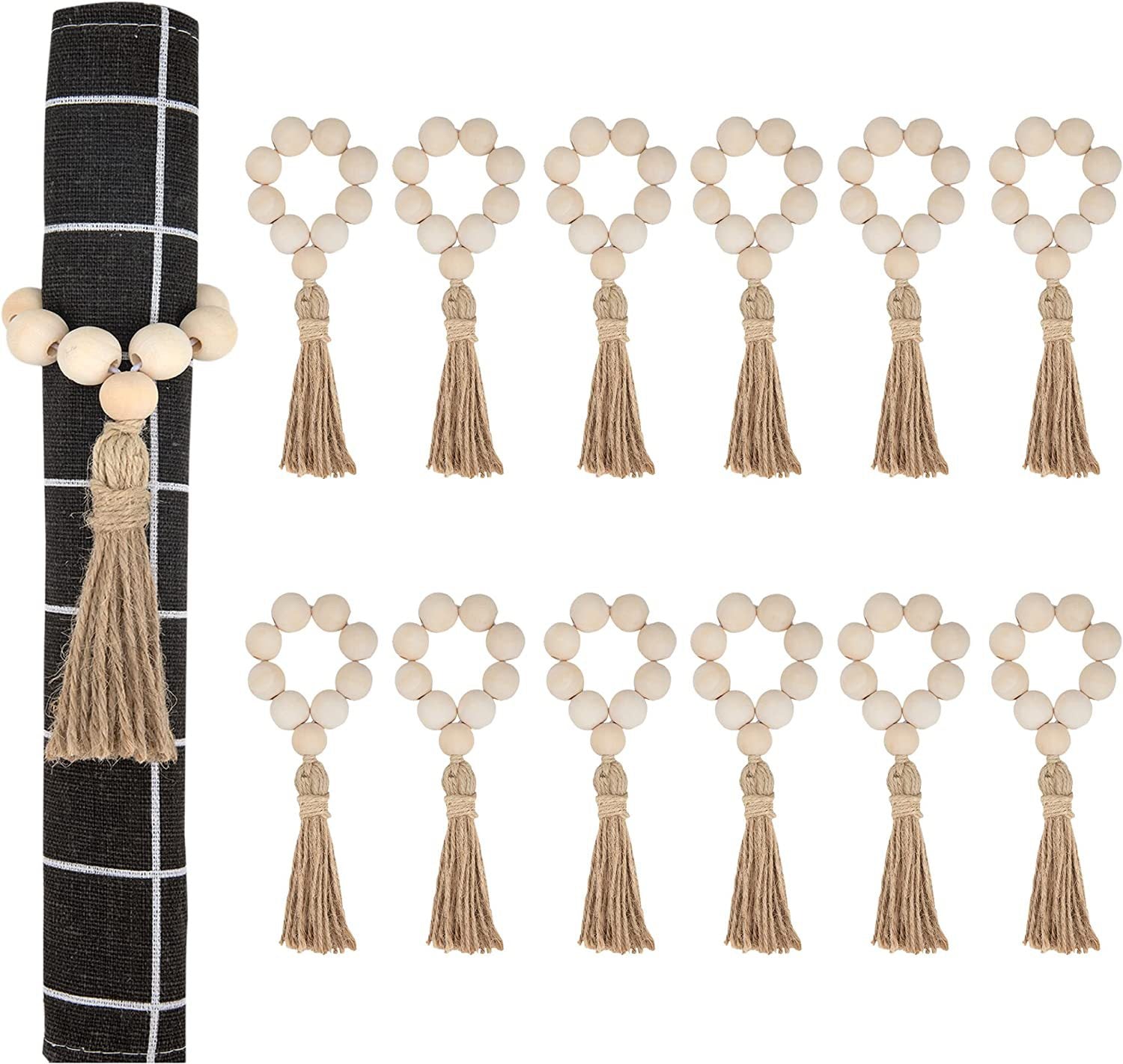 Premium Wooden Napkin Rings 12 Pack Elastic Wood Bead Tassel Design for Weddings Holiday Tablescapes & Reusable Dinner Party Decor
