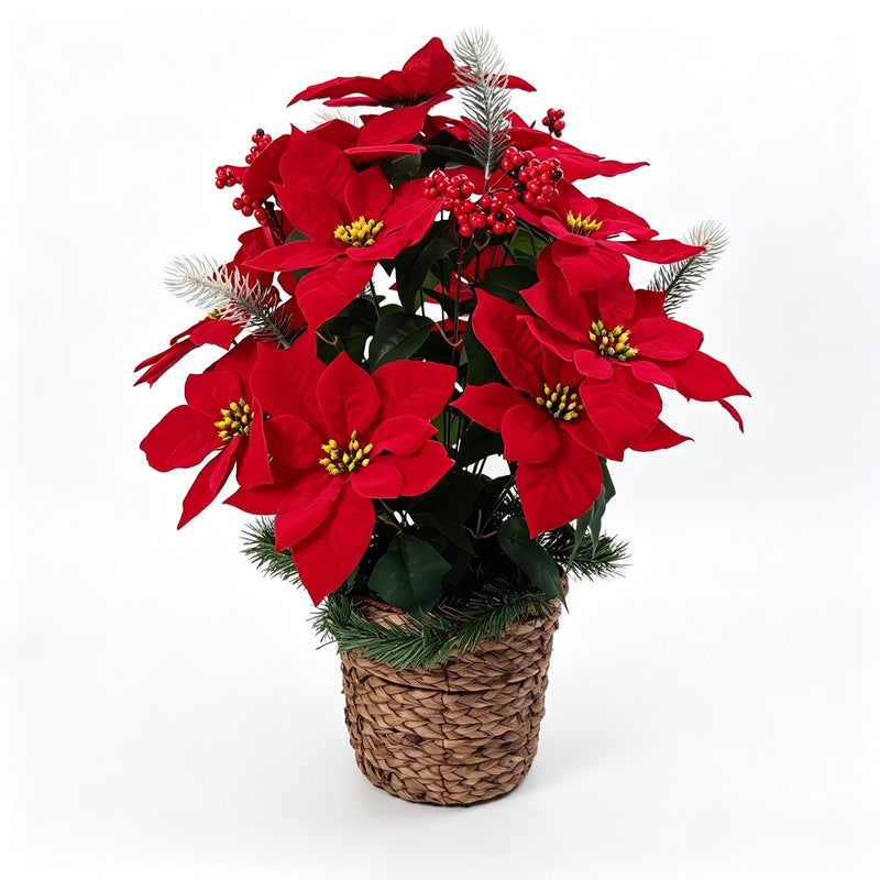 Artificial Poinsettia Bouquet with 24 Blooms, Silk-Like Fabric, 23 Inches, Perfect for Holidays, Weddings, and Home Decor