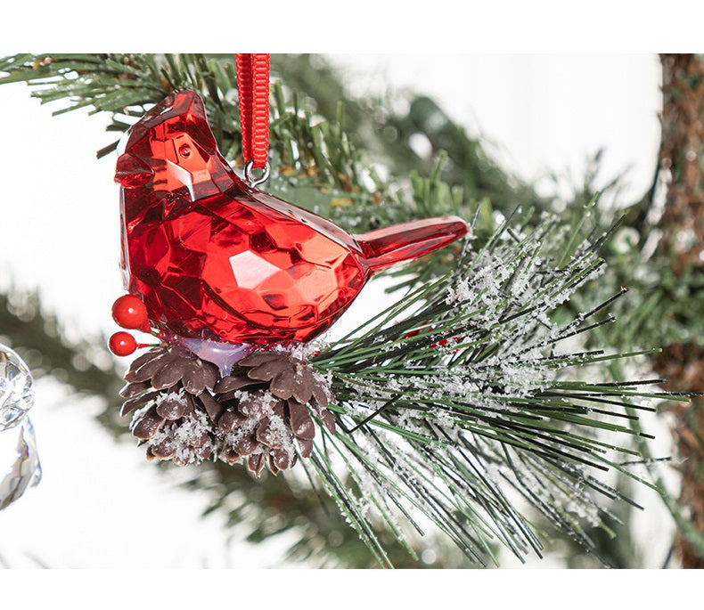 Acrylic Transparent Bird Christmas Ornaments with Pine Cones and Pine Needles, Hanging Decorations for Xmas Tree, Bulk Set