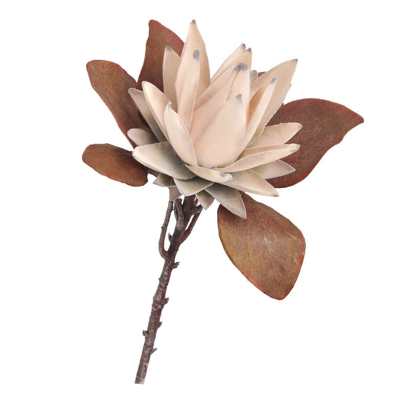 Single Stem Protea Artificial Flower, Caramel Tone, 20" Tall, Silk-like Fabric, Retro Home Decor