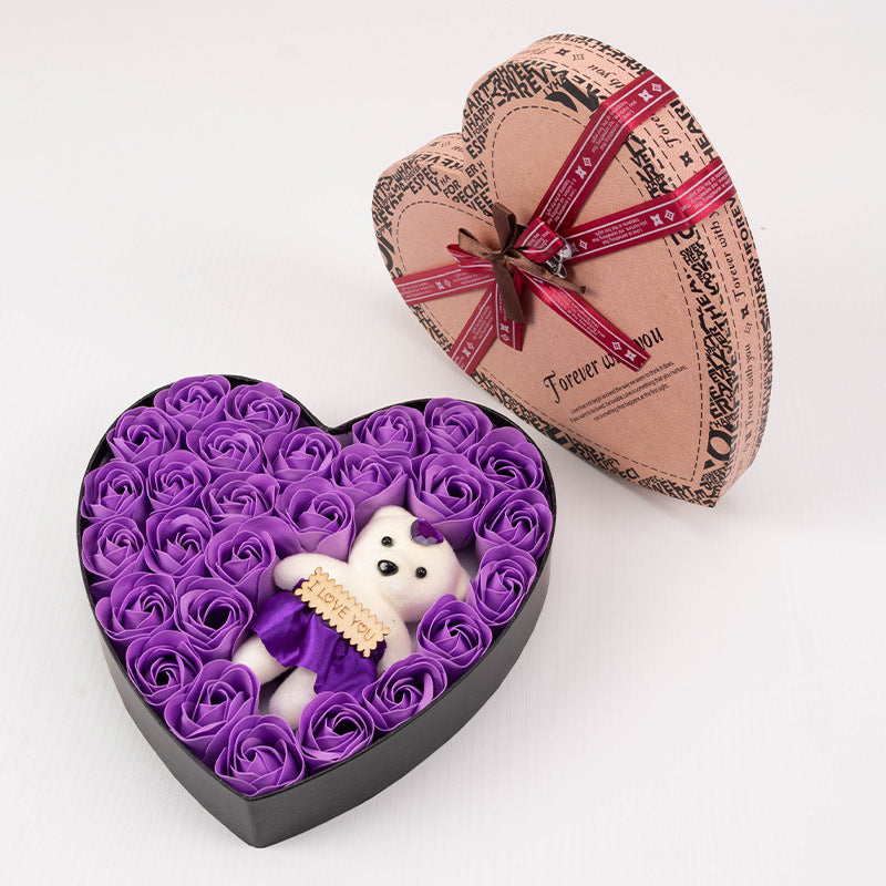 Heart Shaped Soap Rose Gift Box - 24 Soap Roses + Teddy Bear | Birthday & Valentine's Day Gift
