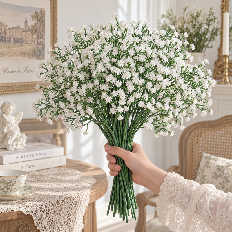 Set of 10 Artificial Baby's Breath Stems, 11" Long, Silicone Material, for Wedding Décor, Home Arrangements, and Events