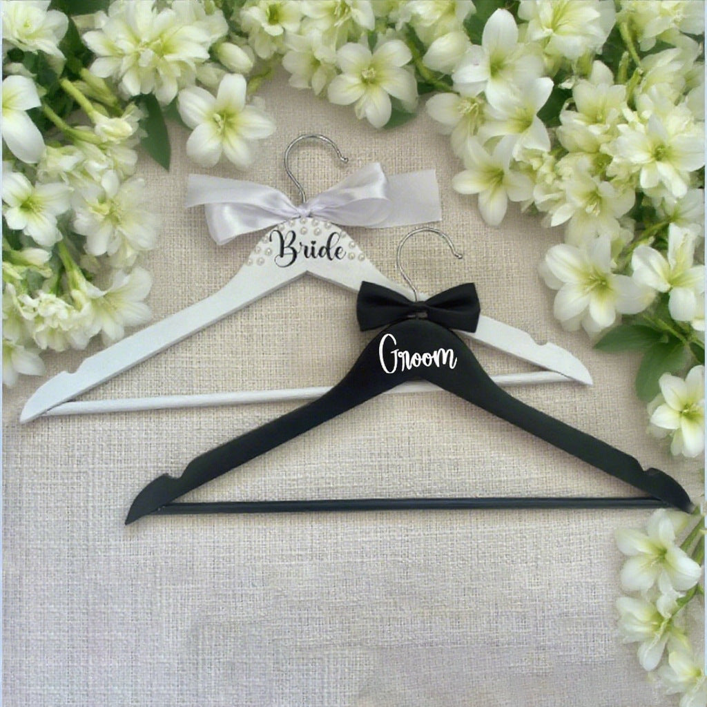 Bride & Groom Wedding Hanger Set - 2 Pack with Pearl Bow & Crossbar | 15x8.7 Inch