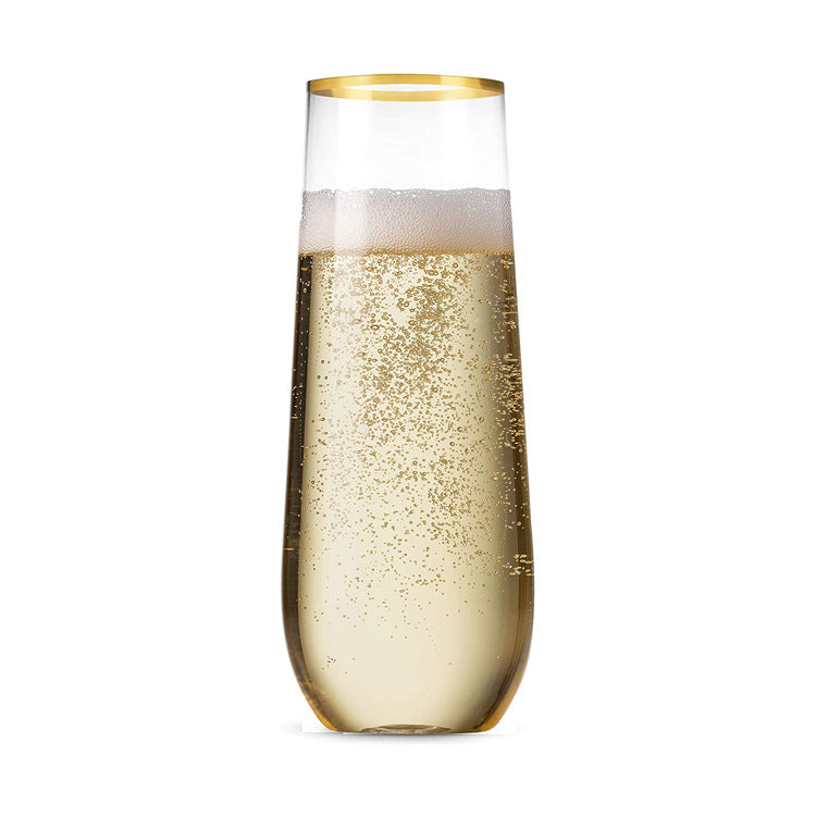 Bulk 10 Pcs Plastic Champagne Flutes 9 OZ Stemless Disposable Toasting Glasses with Gold Rim Wholesale