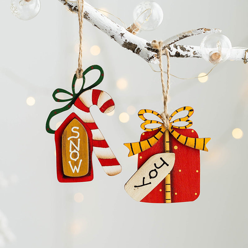 14 PCS Wooden Christmas Tree Hanging Ornaments with String, Bulk Holiday Party Decor