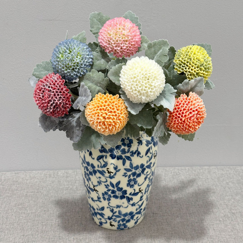 Single Stem Artificial Ping Pong Chrysanthemum Flower, Faux Floral Decor for Weddings, Home, Office, 14.5 Inches